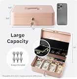 Volcora Large Cash Box with Key Lock, Metal Money Box for Cash, Portable Locking Safe Box with Money Tray, Durable Money Saving Organizer for Yard Sale, Garage Sale, Small Business, Rose Gold