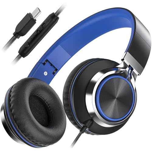 AILIHEN C8 USB-C Headphones Wired - On-Ear Corded Headset with Microphone & Volume Control, Foldable Stereo Sound Tangle-Free Type C Cord, Compatible with Cellphone, Laptop, PC (Black Blue)