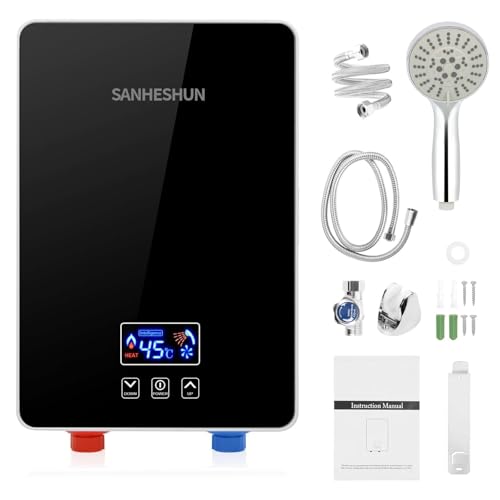 Electric Tankless Water Heater, 6000W 220V Instant Hot Water Heater with Handheld Shower Head and Hose Set, LED Touch Screen Switch Adjustable Temperature for Bathroom Kitchen - Black