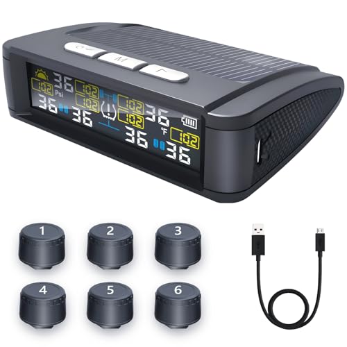 Tire Pressure Monitoring System - TPMS Solar Charge Tire Pressure Monitor System with 6 External Sensors & 6 Alarm Modes, Real-time Color LCD Display,Auto on/off, TPMS for Trailer, RV, Easy to install