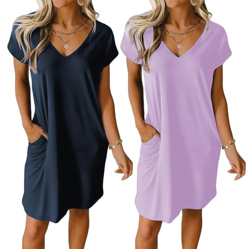 Ekouaer 2 Pack Nightgown for Women V Neck Plain/Printed Sleep Shirt Soft Night Shirt Short Sleeve Sleepwear with Pockets