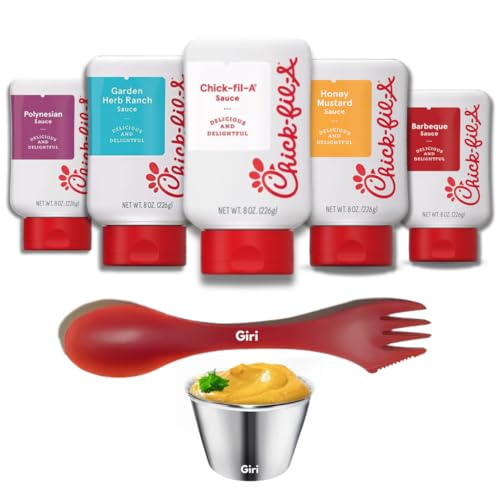 Chick-fil-a Sauce Variety Pack: Original, Polynesian, Honey Mustard, Barbeque, and Garden Herb Ranch 8 oz. (5-pack) Bundle with Giri™ Plastic Spork and Stainless Steel Condiment Sauce Cup (3 Items)