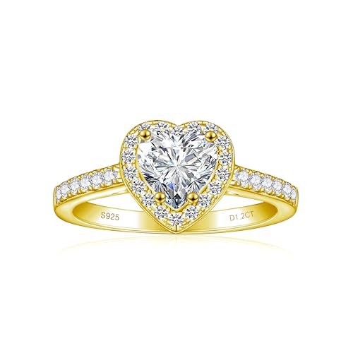 SILVERNANA 1CT Heart Engagement Rings for Women 925 Sterling Silver with Yellow Gold Plated Heart Cut Halo Moissanite Promise Rings for Her Size 7.5