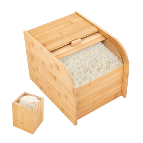 DYNAMI Bamboo Rice Storage Container,22Lbs Wooden Cereal Containers Storage Rice Dispenser,Large Dry Storage Rice Container Box with Sliding Lid and Measuring Cup,for Flour Grains