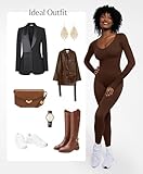 Popilush Brown Jumpsuit Long Sleeve Jumpsuits for Women Built-in Bra Ribbed U Neck Tummy Control Full Bodycon Workout Fall Outfits M