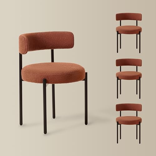 Boucle Dining Chairs Set of 4, Rust Dining Chairs with Upholstered Seat and Round Back, Mid-Century Modern Kitchen Chairs for Dining Room, Restaurant