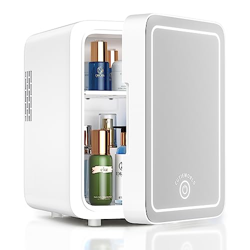 CUTIEWORLD Skincare Fridge With Dimmable LED Light Mirror, 4L Makeup Mini Fridge for Bedroom, Car, Office & Dorm, Cooler & Warmer, Portable Small Refrigerator for Cosmetics, Skin Care and Food, White