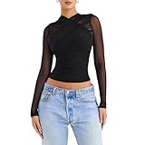 FWSAM Women Sexy Criss Cross Wrap Sheer Mesh Crop Top Long Sleeve Zip Back See Through Slim Fit Tee Shirt Clubwear Black