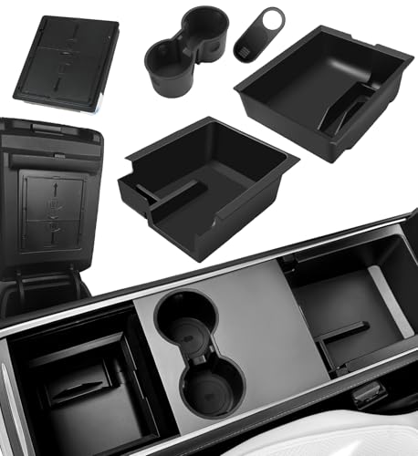 WinDu 5PCS Model 3 Model Y Center Console Organizer Tray Compatible for Tesla 2021-2024 Model Y and 2021-2023 Model 3 Accessories Armrest Hidden Box Storage Tray Cup Holder Camera Cover