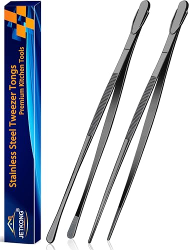 JETKONG 2 Pcs 14-Inch Food Tweezer Tongs Extra Long Stainless Steel Kitchen Tweezer Cooking Tweezers (Black)