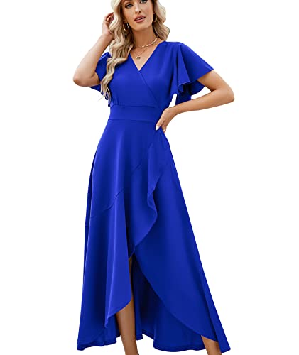 ZZV Formal Dresses for Women,Gowns Evening Party Cocktail Dress,Long Split Elegant V Neck Wrap Ruffle Wedding Guest Dresses Blue-XL