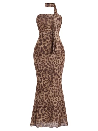 Milumia Women's Leopard Print Strapless Bodycon Maxi Dress Mesh Long Tube Top Dress