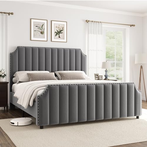 GarveeHome King Size Platform Bed Frame with 50.2" Headboard, Velvet Upholstered Bed Frame King with Vertical Channel Tufted Headboard & Footboard, Nailhead Trim, No Box Spring Needed, Grey