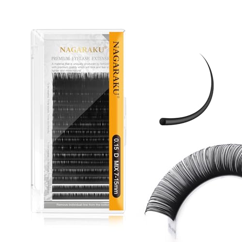 NAGARAKU Eyelash Extensions Individual Lashes 0.15mm D curl 7-15mm Mix Tray Classic Matte Black Natural Faux Mink 16 rows