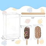 Hacaroa 300 Pieces Clear Popsicle Cakesicle Box Set, 150 Pcs PET Ice Cream Boxes with 150 Pcs Wooden Sticks, 3.7x 2.2x1.5 Inches Candy Treat Box for Wedding, Baby Shower, Kids Birthday Party