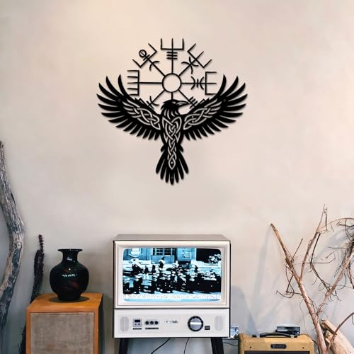 Viking Raven Vegvisir Metal Sign – Norse Compass & Celtic Eagle Wall Art for Nordic, Pagan, and Mythology Home Decor (Viking 1)