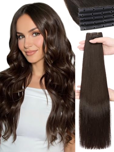 WIGNEE 100% Remy Dual Hand Tied OVO Human Hair Extension 18 Inch Micro Beaded Double Invisible Weft Hair Extensions Human Hair Brown Color Sew in Hair Extensions Glueless(2)