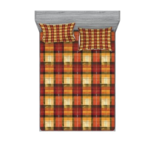 Ambesonne Fall Fitted Sheet & Pillow Sham Set, Autumnal Vibe with Plaided Checked Pattern with Reflexion Stains Like Print, Decorative Printed 3 Piece Bedding Decor Set, Calking, Paprika Orange Rust