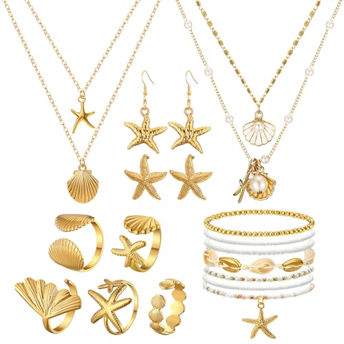 Tondiamo 16 Pcs Seashell Starfish Jewelry Set Seashell Earrings Rings Boho Layer Charm Necklace Summer Beach Bracelets and Natural White Anklet Set for Holiday Vacation Women Gifts(Gold)
