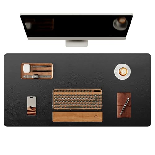 YSAGi Genuine Leather Desk Mat, 35.4"X17" Leather Desk Mat, Office Desk Pad, Thick Desk Pad with Stitched Line, Non-Slip Laptop Writing Pad with Rubber Base(Black, 35.4"X17")