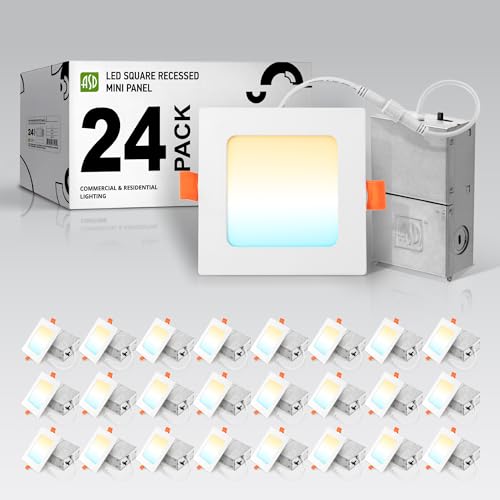 ASD 24 Pack LED Square Recessed Lighting 4 Inch, 5 CCT 2700K-5000K CRI90+, 12W 50W Eqv, Ultra Thin Dimmable Ceiling Lights with J Box, Canless Wafer Downlight, Slim Panel Light, UL Energy Star, White