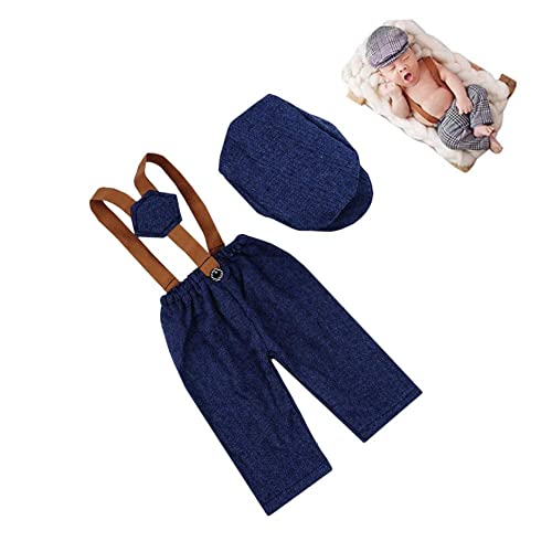 Coberllus Newborn Monthly Baby Photo Props Stripe Checked Fabric Flat Cap Newsboy Cap & Suspender Pants Romper for Photography Outfits