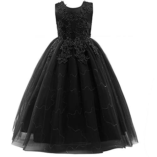 Weileenice Classic Black Flower Little Girl Lace Funeral Ball Gown Girls Halloween Party Prom Maxi Dress 7-8 Kids Formal Evening Holiday Church Sequin Tulle Dresses Christmas Pageant School Dance Gown