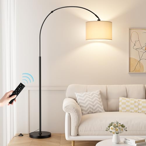 Ambimall 70" Dimmable Arc Floor Lamp with Remote, Color Temperature and Brightness Adjustable, Arched Floor Lamp with Rotating Head, Over Couch Arched Reading Light for Living Room (Beige and Black)