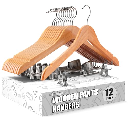Uinicor Wooden Pants Hangers 12 PCS Pants Hangers with Clips,Smooth Solid Wooden Hanger with Clip,360 Swivel Hooks & Adjustable Clips,for Jeans,Skirt,Suit,Shorts,Scarf