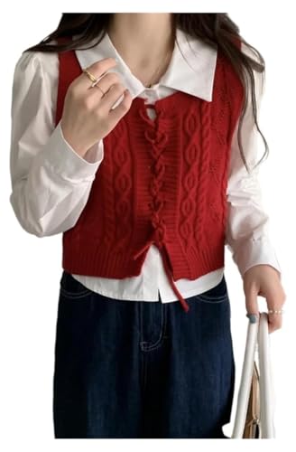 Women's Red Loose Cropped V-Neck Knitted Vest Korean Style
