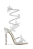 sexytag Diamante Heels Butterfly Wrap Around Strap Fantasy Rhinestone Crystal Diamond Embellished Open Toe Stiletto Strappy High Heels Sandals Cute Wedding Dress Party Shoes Silver Size 9