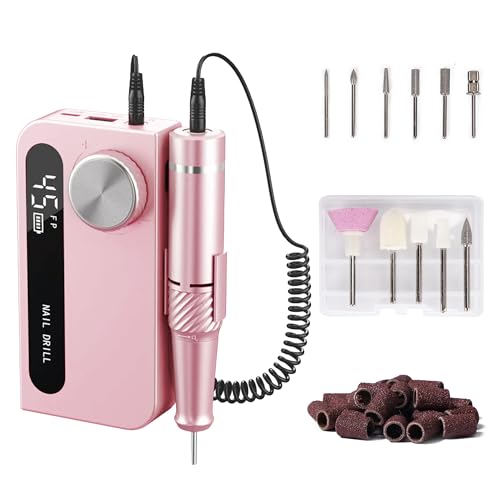 Professional Electric Nail Drill File,Cordless Portable Nail Drill 45000 RPM, Rechargeable Nail Drill Machine for Acrylic Nails Gel Polishing,Nail Kit for Manicure Salon Home（Pink）