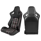 IKON MOTORSPORTS, Universal Racing Seats Pair with Dual Sliders, PU & Red Plaid Fabric & Carbon Leather Reclinable Left Right