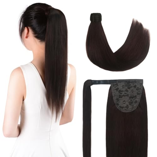 Winsky 20" Human Hair Ponytail Extension Wrap Around -Dark Brown Color Straight Pony Tail Real 100% Real Remy Hair Extensions for Women (20 Inch #Dark Brown, 90gram)