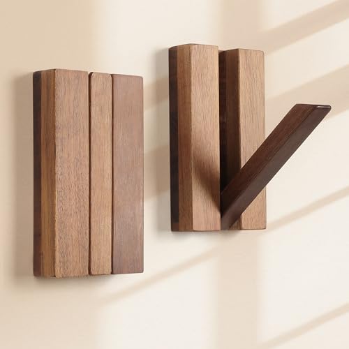 KYIAANY Foldable Wall Hooks 2Pack: Rustic Wooden Coat Hooks Mounted for Heavy Duty Hanging Hats Bags Beach Towels, Space Saving Minimalist Design for Aesthetic Homeowner