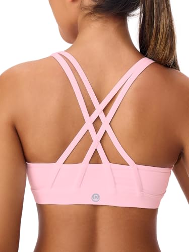 Omwilddo Women's Strappy Sports Bras Light Compression Crop Criss Cross Back Padded Workout Yoga Bra Supportive U Neckline Light Pink S
