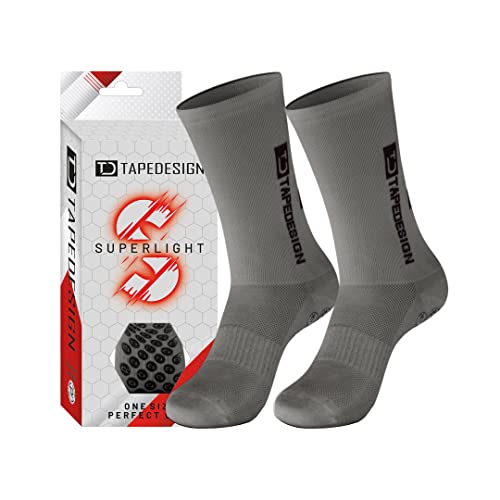 Tapedesign - "Superlight 1 Pair Non-Slip Soccer Socks in Grey (Size 5-14) for Men, Women & Kids - Football Grip Socks for Adult & Youth (Unisex) - Anti-Slip Sport Socks