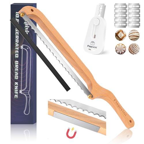 Sourdough Bread Knife with Dough Scoring Tool, Bread Knife for Homemade Bread, 15.7" Wooden Bread Slicer for Even Slicing, Japanese Steel Serrated Bread Cutter, Bow Knives for Cutting Baguettes Bagels