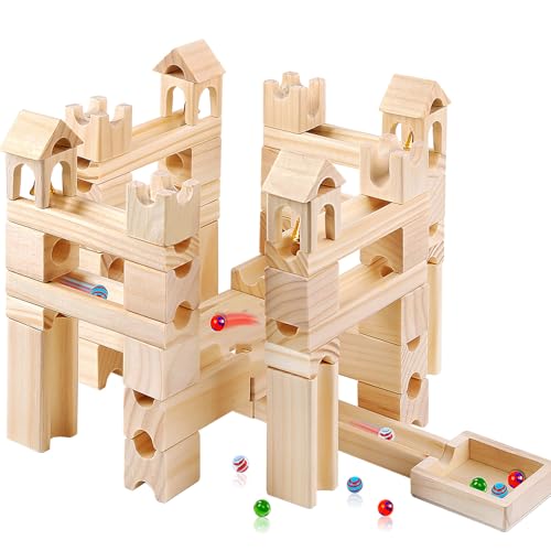 Wooden Marble Run for Kids Ages 4-8 – 80 Pieces Marble Rush Track Maze Construction Toy, STEM Building Blocks, Educational Gift for Boys & Girls