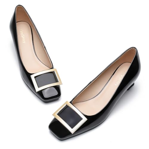 HeySiMey Genuine Leather Pumps Women Dressy Comfortable Shoes with Latex Insole Womens Block Heel for Office Attire Dress Comfortable Footwear（G2 Black 6）