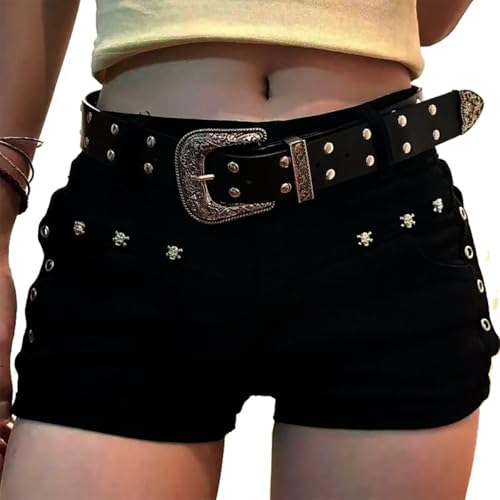 XENLYO Spicy Girl with Dark Style Wrapped Buttocks, Small Black Pants with Rivet Design Denim Super Shorts for Women (Medium)
