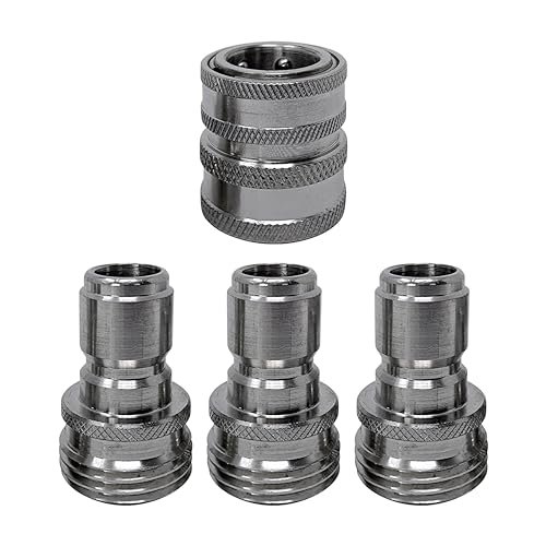 MTM Hydro Pressure Washer Adapter Set for Garden Hose 4 Piece 3/4” Quick Connect Fittings Kit, Stainless Steel High Pressure Couplings and Connectors, 1x3