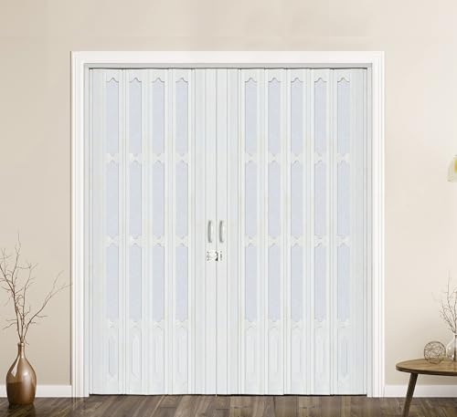 DIYHD 72x96in Interior Double White Accordion Bi-Folding Closet Door, Includes Mounting Hardware, Handle, Latch
