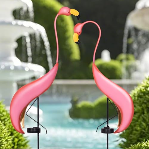 2PK Solar Garden Stake Lights Flamingo Yard Art Decor Metal Birds Statues Outdoor Patio Yard Lawn Porch Decorations, Outdoor Garden Decor House Warming Gifts