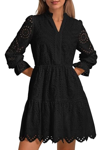PRETTYGARDEN Women's Spring 2025 Long Puff Sleeve Mini Dress Hollow Out Lace V Neck A Line Ruffle Casual Party Dresses (Black,X-Large)