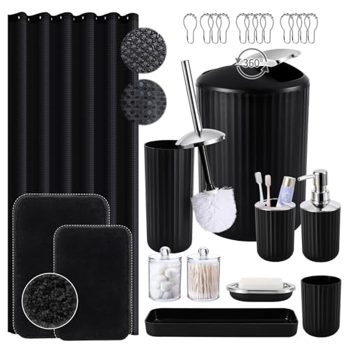 XLHOMO 24 PCS Black Bathroom Accessories Set with Shower Curtain and Rugs, Bathroom Sets with Extra Soft and Absorbent Bath Rugs Shower Curtain Black Bathroom Sets for Bath