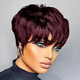 SAEIALL Pixie Cut Wig for Black Women Human Hair 99J Burgundy Color Pixie Wig with Bangs Real Human Hair Short Wigs for Black Women Layered Wigs For Women Full Machine Made Wigs (99J Burgundy)