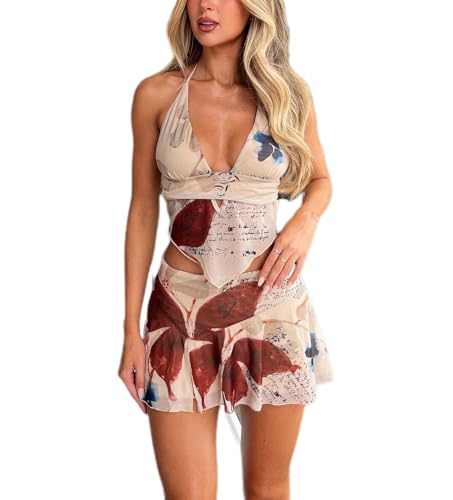 ksotutm Sexy 2 Piece Skirt Sets for Women Floral Print Halter Tank Tops Mini Skirt Summer Beach Casual Outfits