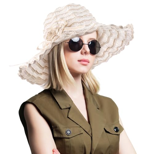 Shyyween Women Ruffled Sun Hat Foldable Beach Hat Floppy Lace Wide Brim Cap Summer UV Protection Travel Garden Outdoor(Beige)