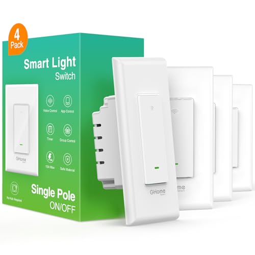 GHome Smart Switch, Smart Wi-Fi Light Switch Works with Alexa and Google Assistant 2.4Ghz, Single-Pole,Neutral Wire Required,UL Certified,Remote/Voice Control, No Hub Required (4 Pack)